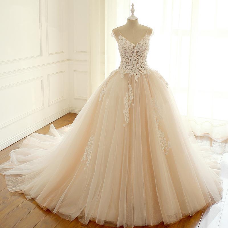 Cap Sleeve Lace Long Custom Cheap Custom Wedding Dresses, WD307 - SposaBridal