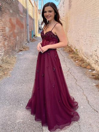 Wine Sexy Spaghetti Straps V-neck Lace Top A-line Appliques Long Prom Dress, PD3436