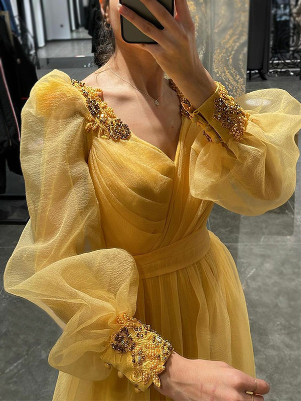 Yellow Long Sleeves Luxury Appliques A-line Side-slit Organza Long Prom Dress, PD3496
